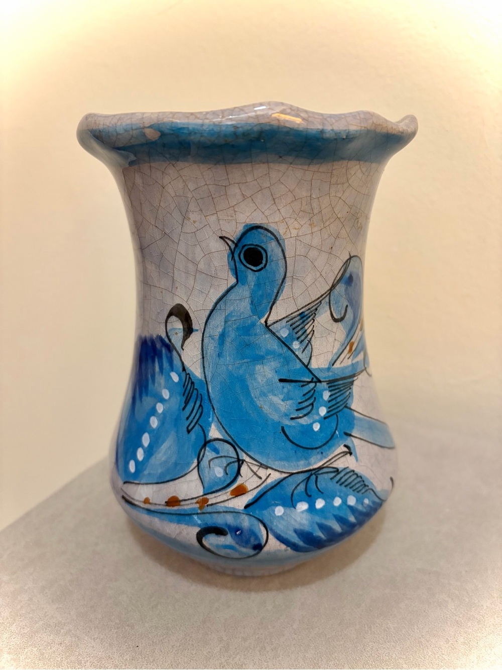 Vintage Tonala Mexican Pottery Folk Art Hand Painted Blue Bird Vase 6 inch